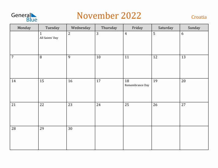 November 2022 Holiday Calendar with Monday Start