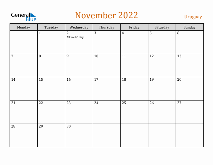 November 2022 Holiday Calendar with Monday Start