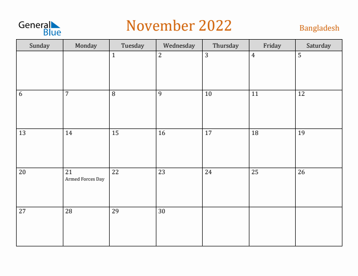 November 2022 Holiday Calendar with Sunday Start