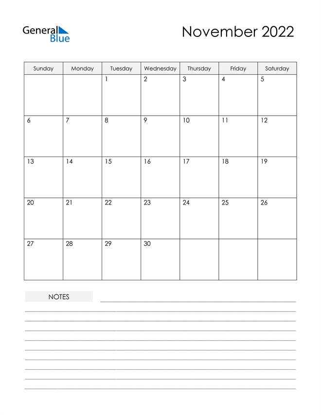  Printable Calendar with Notes - November 2022