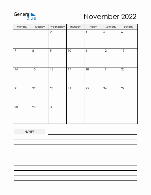 Printable Calendar with Notes - November 2022 