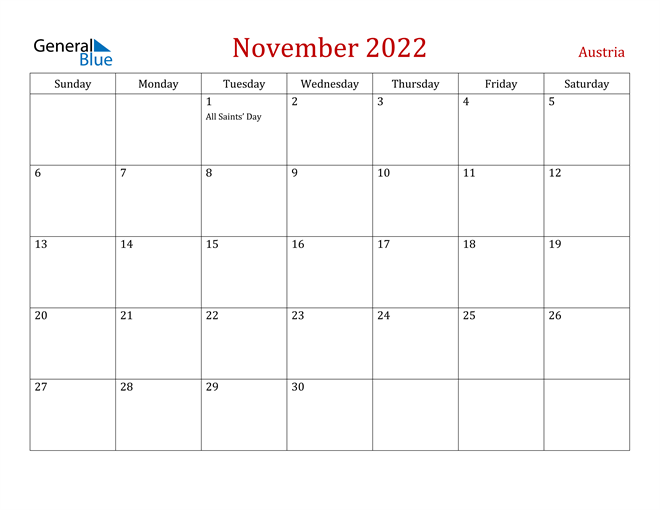 Austria November 2022 Calendar