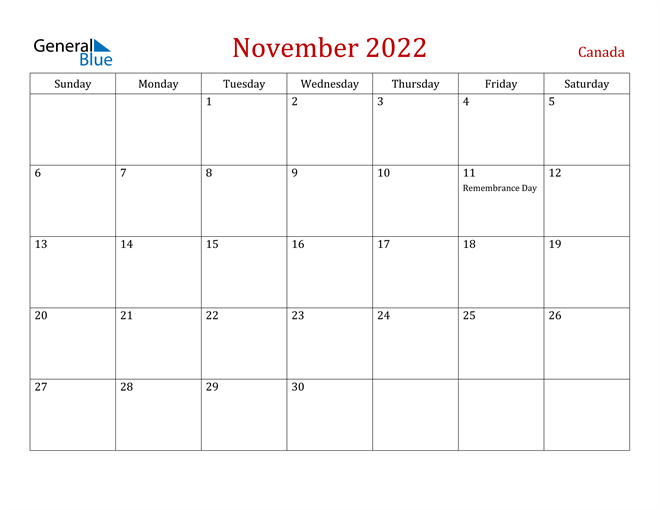 Canada November 2022 Calendar