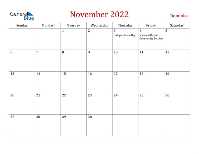Dominica November 2022 Calendar