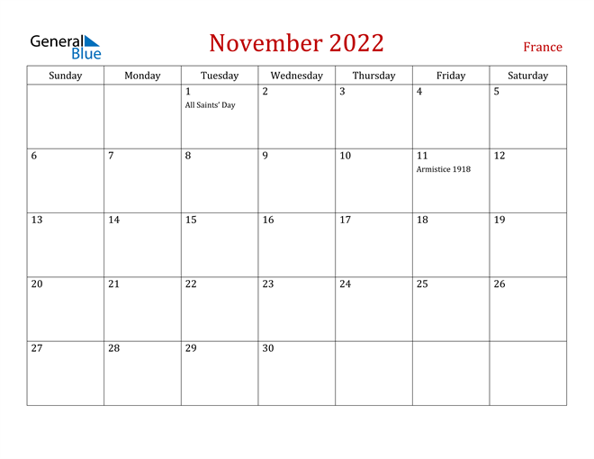 France November 2022 Calendar