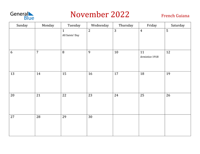 French Guiana November 2022 Calendar