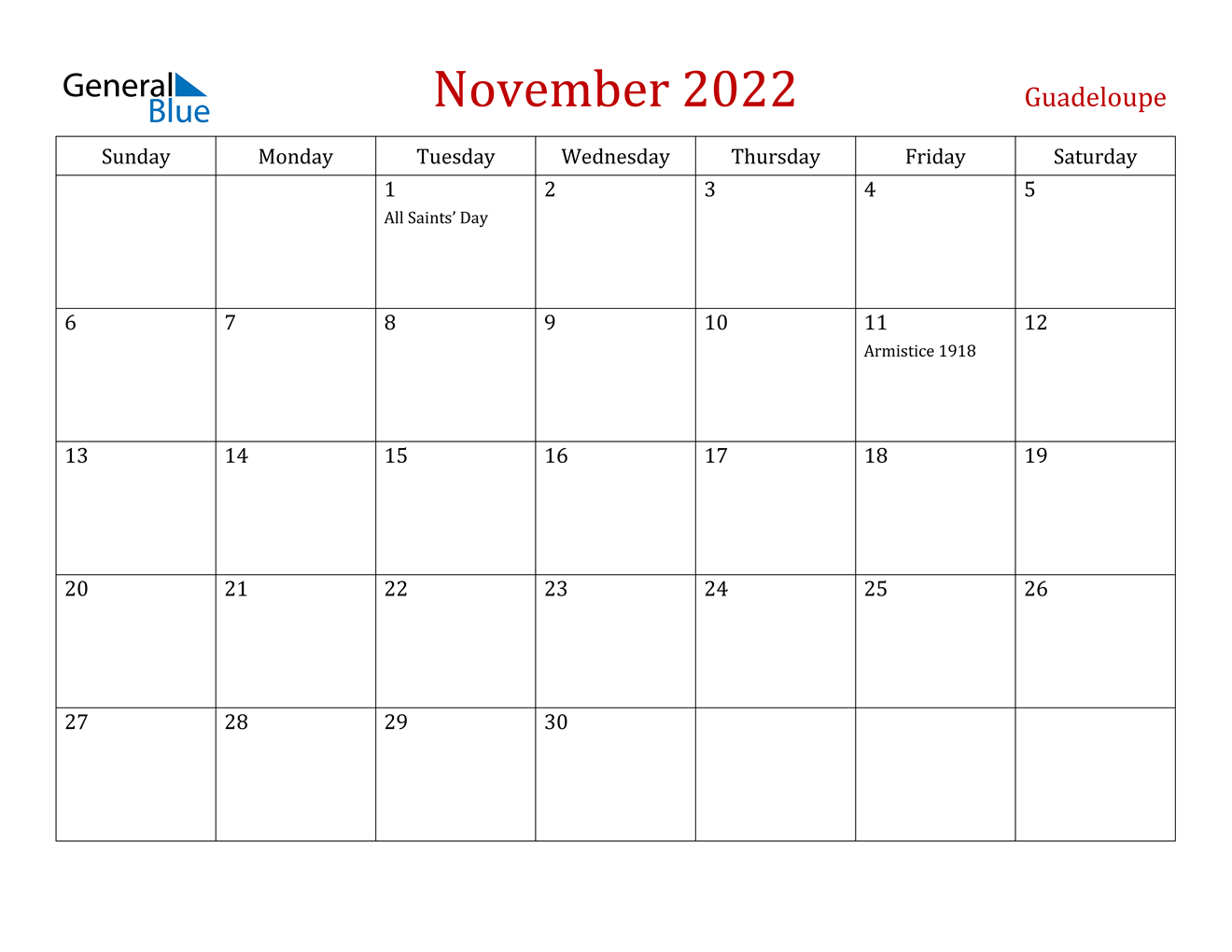 November 2022 Calendar - Guadeloupe