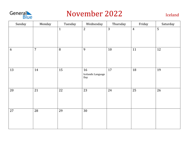 Iceland November 2022 Calendar