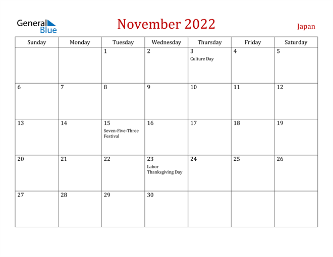 Thanksgiving Day 2022 Calendar Japan November 2022 Calendar With Holidays