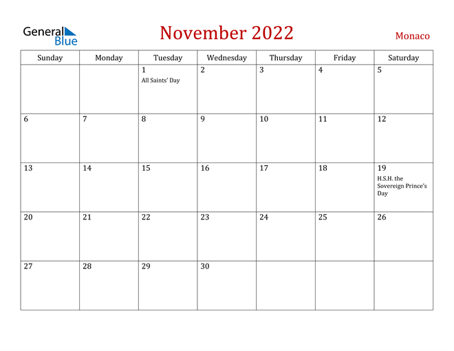 Monaco November 2022 Calendar