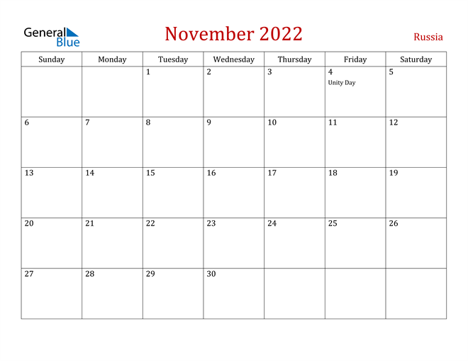 Russia November 2022 Calendar