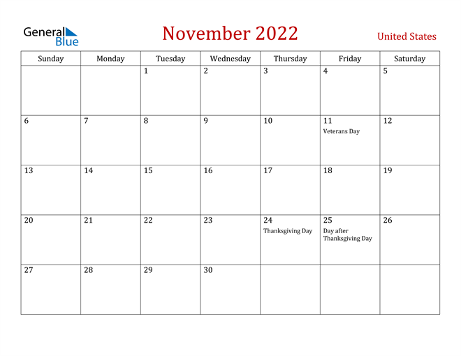 United States November 2022 Calendar