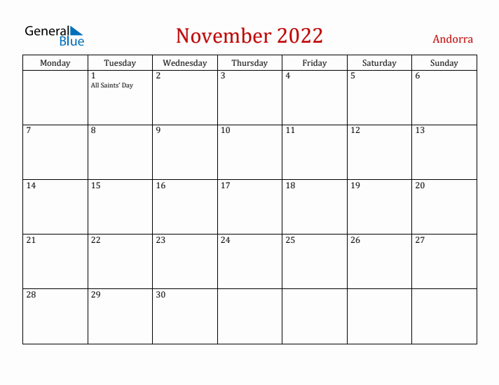 Andorra November 2022 Calendar - Monday Start