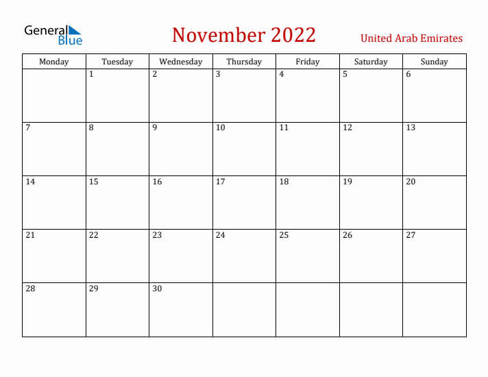 United Arab Emirates November 2022 Calendar - Monday Start