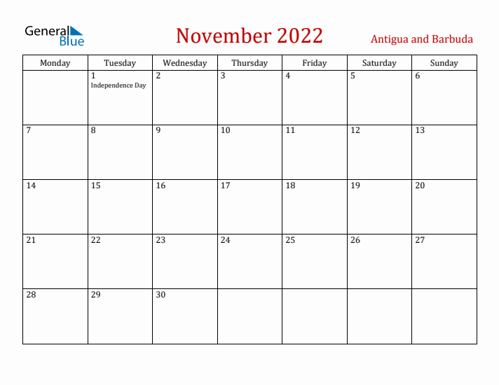 Antigua and Barbuda November 2022 Calendar - Monday Start