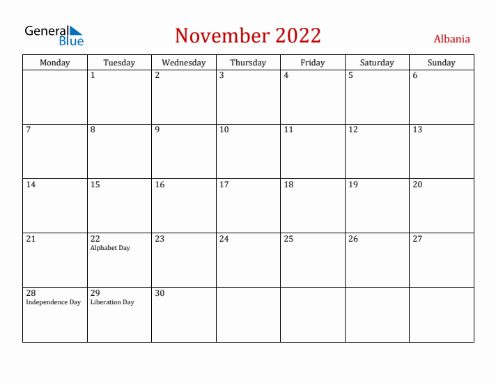 Albania November 2022 Calendar - Monday Start