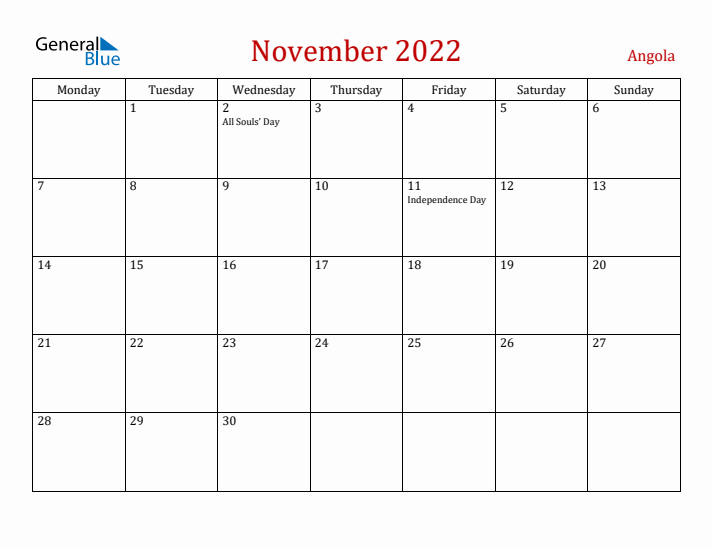 Angola November 2022 Calendar - Monday Start