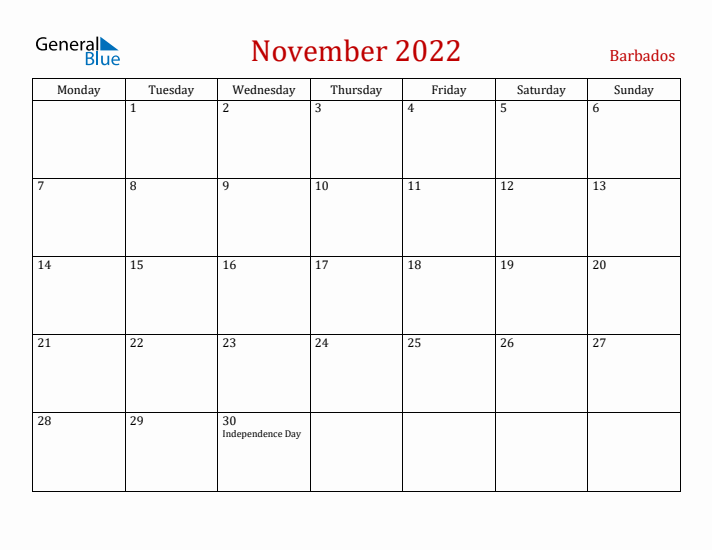 Barbados November 2022 Calendar - Monday Start