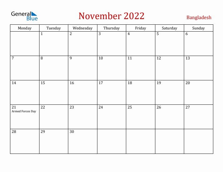Bangladesh November 2022 Calendar - Monday Start