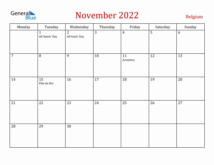 Belgium November 2022 Calendar - Monday Start