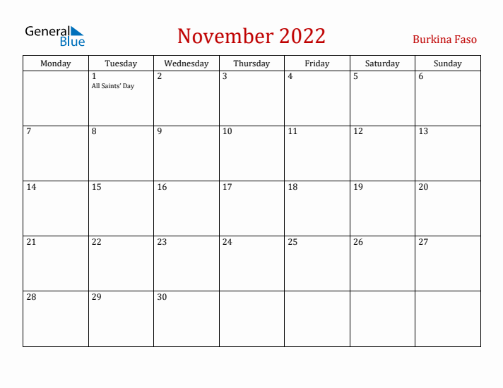 Burkina Faso November 2022 Calendar - Monday Start
