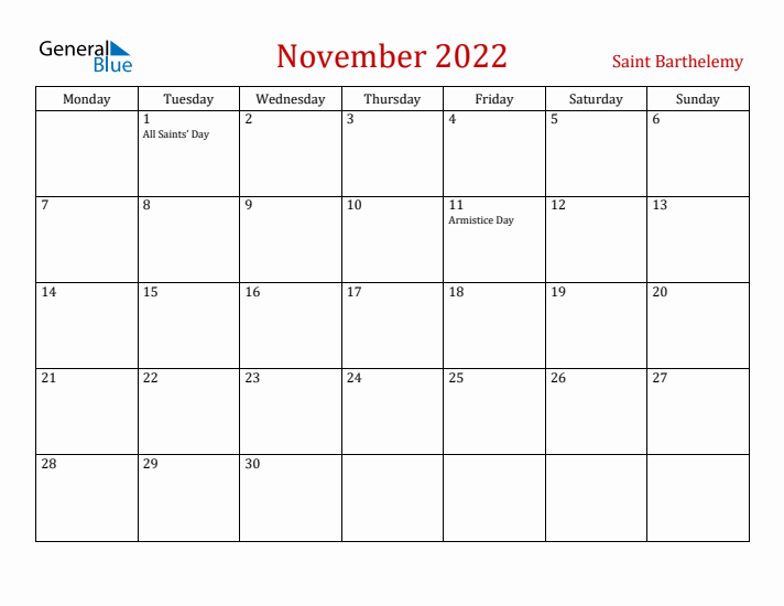 Saint Barthelemy November 2022 Calendar - Monday Start