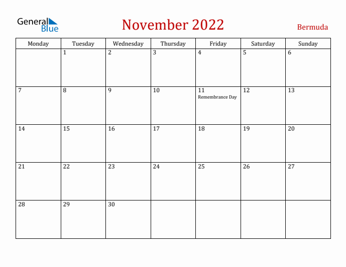 Bermuda November 2022 Calendar - Monday Start