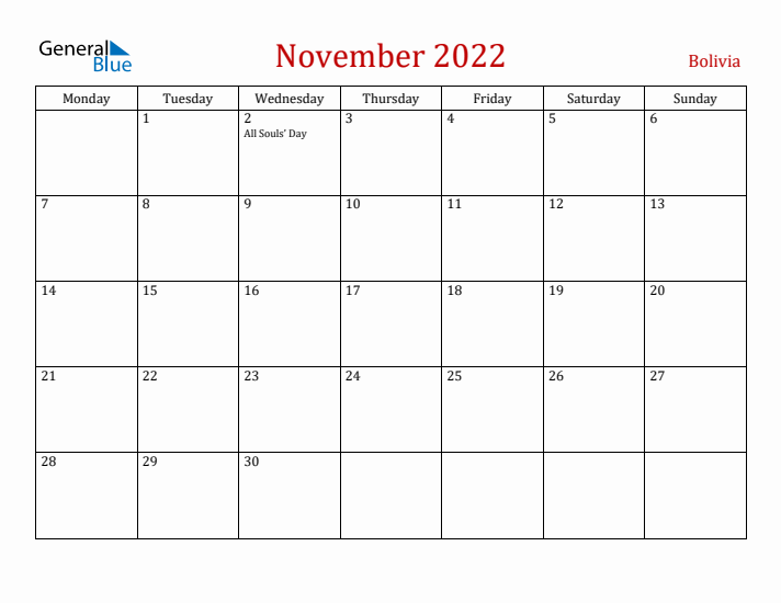 Bolivia November 2022 Calendar - Monday Start