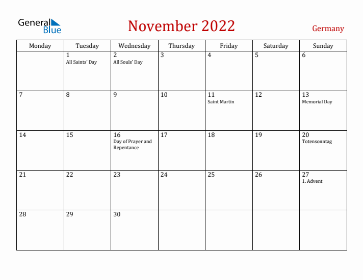 Germany November 2022 Calendar - Monday Start