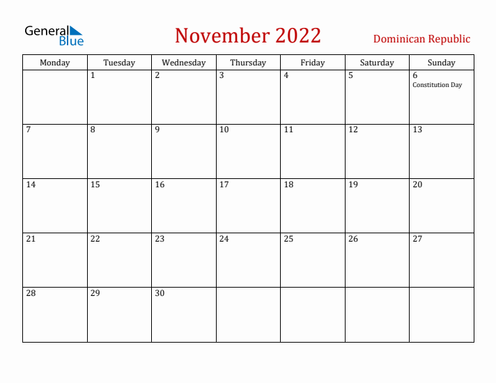 Dominican Republic November 2022 Calendar - Monday Start