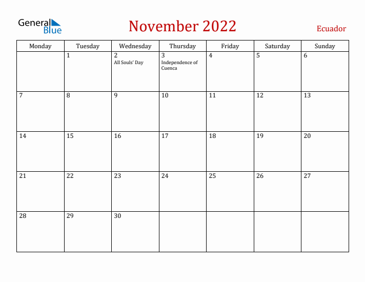 Ecuador November 2022 Calendar - Monday Start