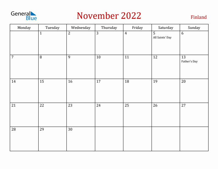 Finland November 2022 Calendar - Monday Start