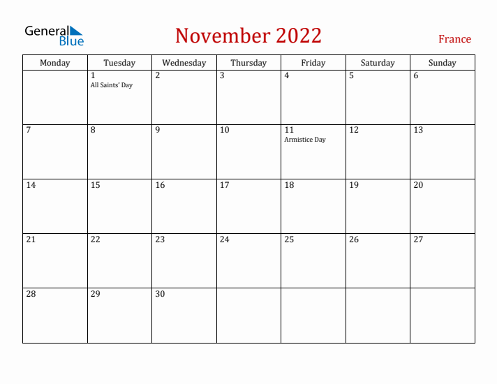 France November 2022 Calendar - Monday Start