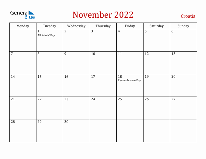 Croatia November 2022 Calendar - Monday Start