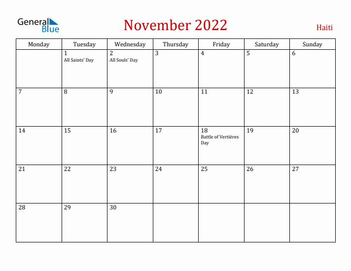 Haiti November 2022 Calendar - Monday Start