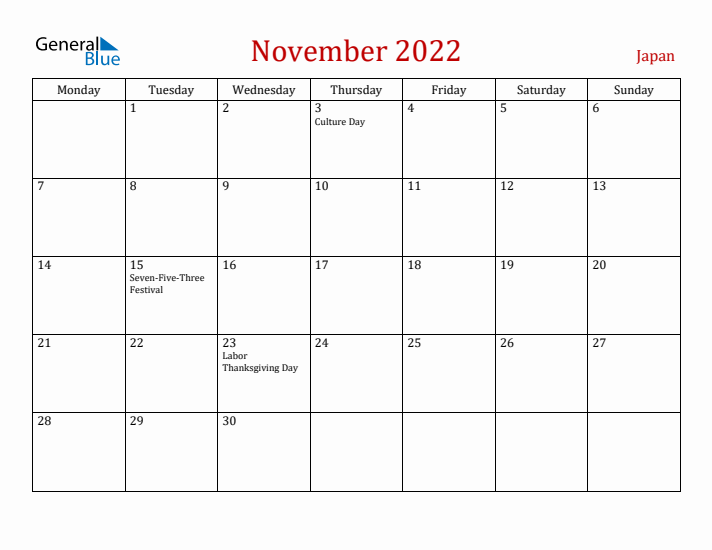 Japan November 2022 Calendar - Monday Start