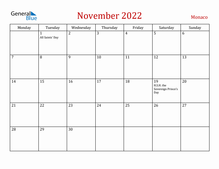Monaco November 2022 Calendar - Monday Start