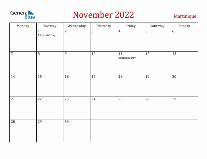Martinique November 2022 Calendar - Monday Start