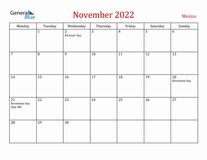 Mexico November 2022 Calendar - Monday Start