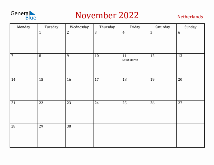 The Netherlands November 2022 Calendar - Monday Start