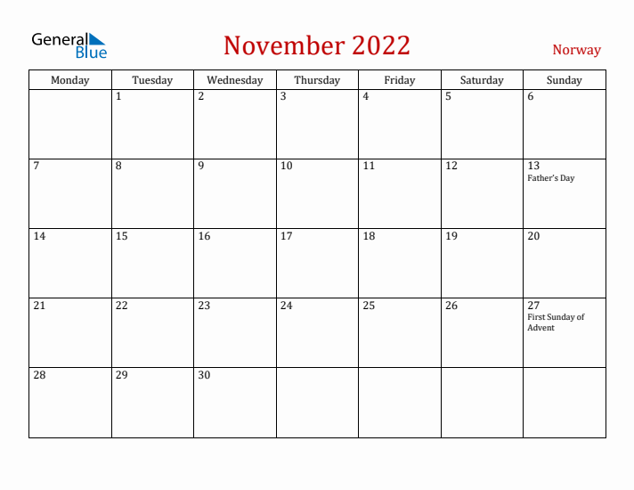 Norway November 2022 Calendar - Monday Start