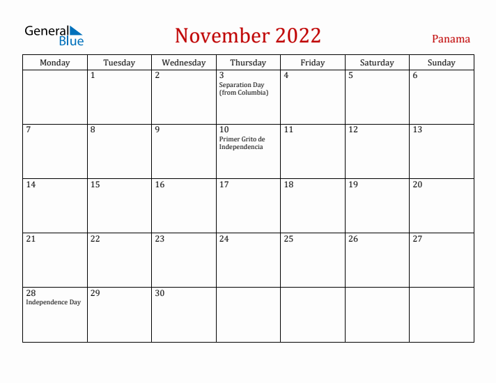 Panama November 2022 Calendar - Monday Start