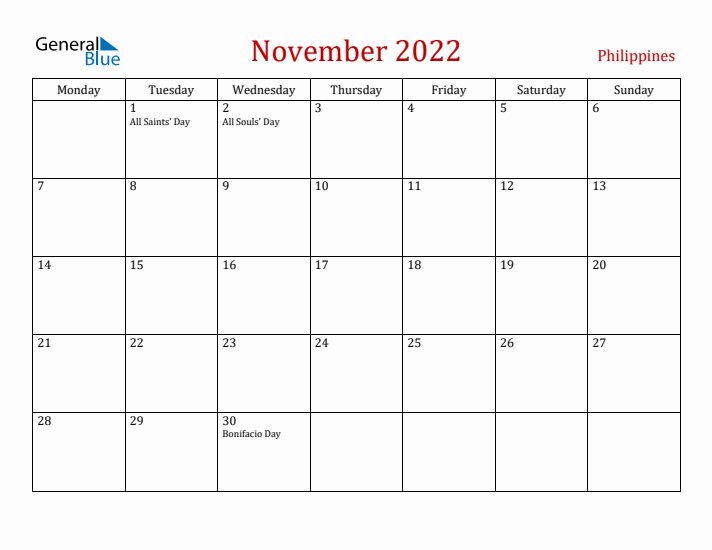 Philippines November 2022 Calendar - Monday Start