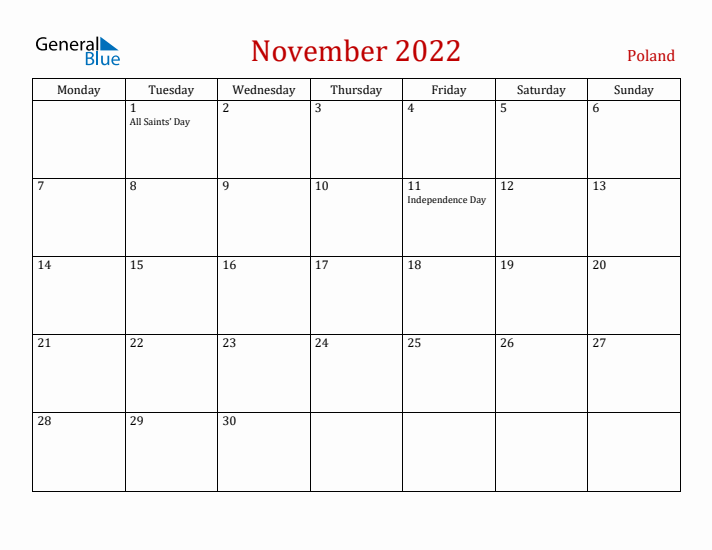 Poland November 2022 Calendar - Monday Start