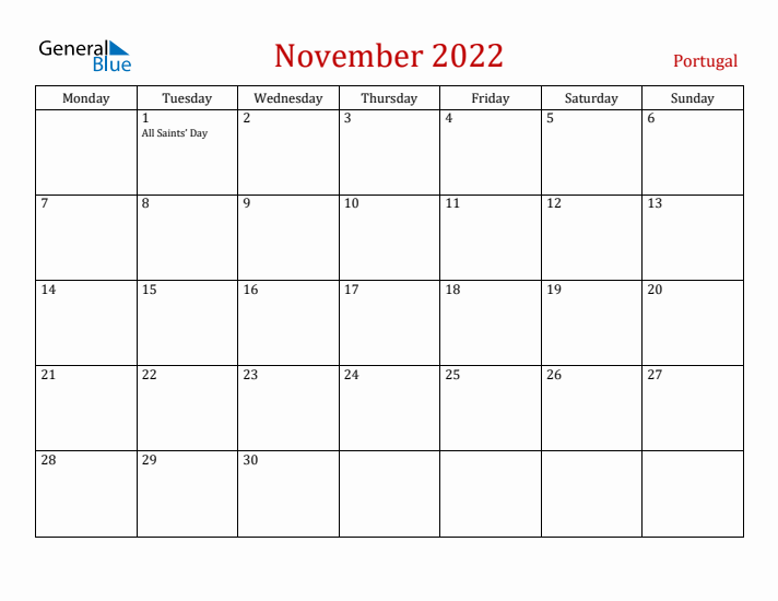 Portugal November 2022 Calendar - Monday Start