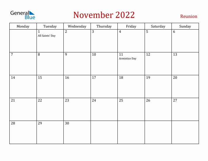 Reunion November 2022 Calendar - Monday Start