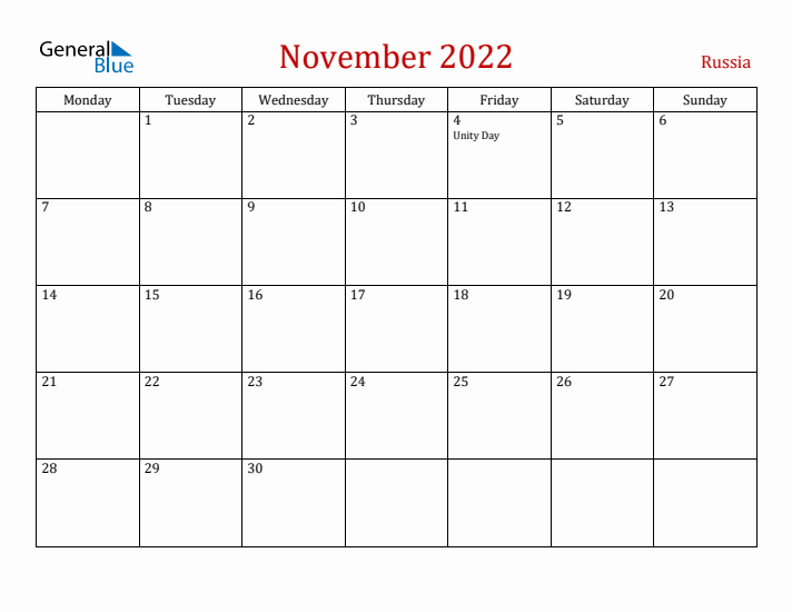 Russia November 2022 Calendar - Monday Start