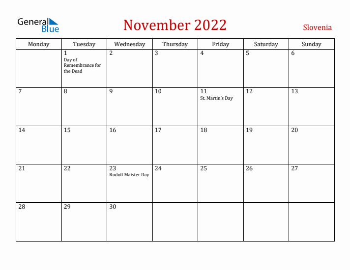 Slovenia November 2022 Calendar - Monday Start