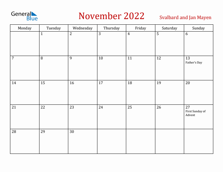 Svalbard and Jan Mayen November 2022 Calendar - Monday Start
