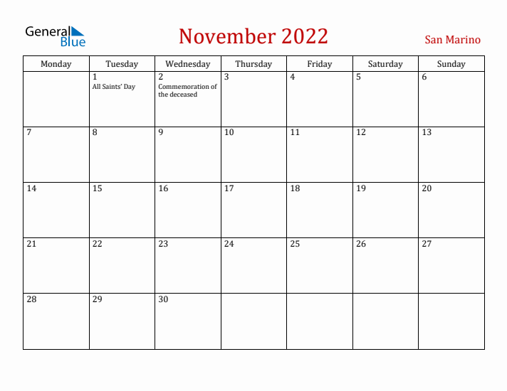San Marino November 2022 Calendar - Monday Start